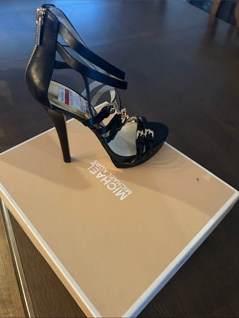 Michael Kors Black Strappy Stiletto Sandals with Gold Accents